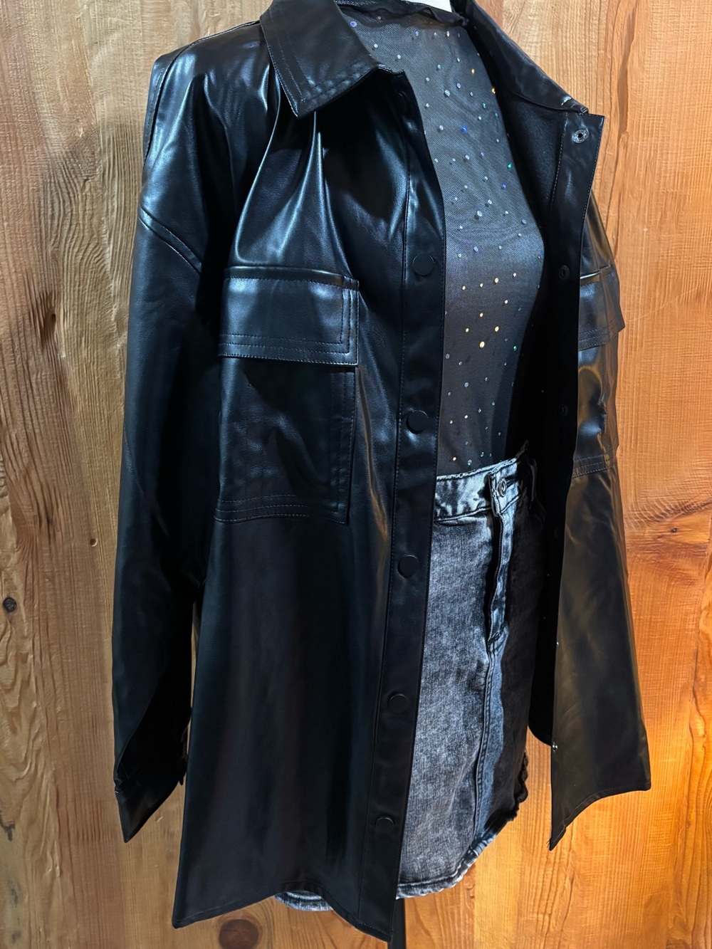 Black Faux Leather Longline Jacket - Women